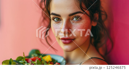 Pretty young woman holding a bowl with healthy vegetable salad. Healthy vegan, vegetarian, dieting food concept. 125246875