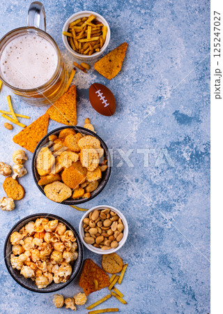 Beer and different snacks for Superbowl or football party 125247027