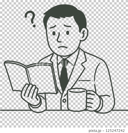 マニュアルを読んでも理解できないビジネスマンの線画イラスト、背景なし、素材、アイコン 125247242