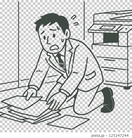 線條畫出將影印的文件散落在地板上的人，沒有背景、材料、圖標 125247244