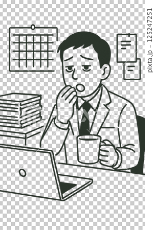 Line drawing illustration of a businessman working while lacking sleep, no background, material, icon 125247251
