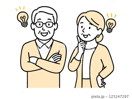 アイデアをひらめいたシニア夫婦のイラスト（電球・発想・暮らしの知恵） 125247297