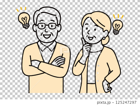 Illustration of a senior couple who came up with an idea (light bulb, idea, wisdom for daily life) 125247297