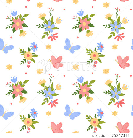 Seamless floral pattern with cute butterflies and colorful spring flowers. Bright decorative design for textiles wallpapers wrapping paper and kids products. Vector flat style. 125247316