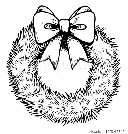 Christmas wreath of fir branches with a bow. Vector illustration in sketch style Christmas wreath of fir branches with a bow. Vector illustration in sketch style 125247742