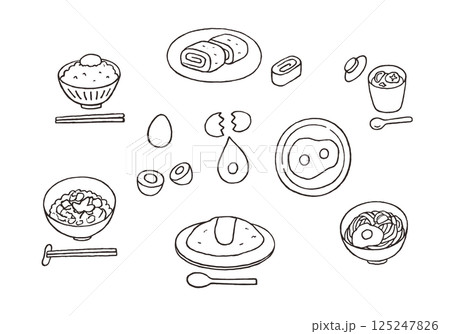卵料理の手描きイラストセット（モノクロ） 125247826