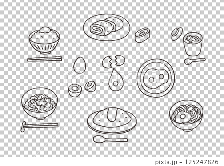 卵料理の手描きイラストセット（モノクロ） 125247826