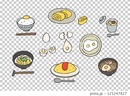 Hand-drawn illustration set of egg dishes (color) 125247827