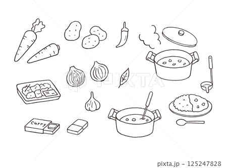カレーライスとカレーの材料の手描きイラストセット（モノクロ） 125247828