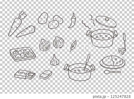 カレーライスとカレーの材料の手描きイラストセット（モノクロ） 125247828