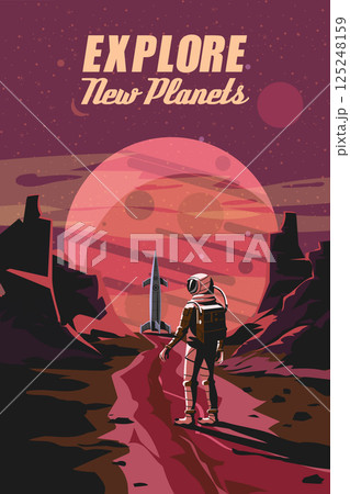 Space Rocket and alien planets, mountain landscape 125248159