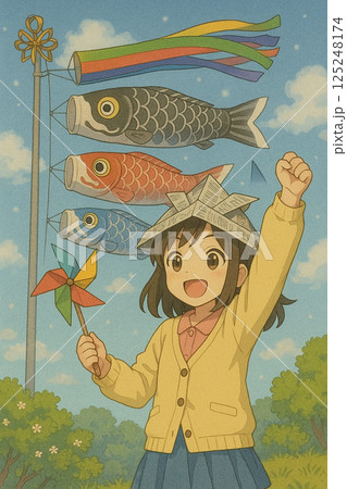 こいのぼりとはしゃぐ女の子 125248174