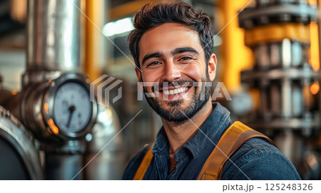 Young industrial worker with glasses smiling in a factory setting with machinery and pipes in the background. 125248326