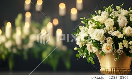 Elegantly arranged white roses and candles in a somber funeral setting. 125248505