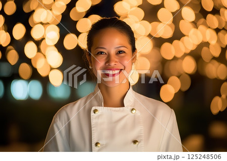Confident asian female chef smiling in a modern kitchen with blurred lights. 125248506