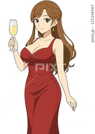 赤ドレスの女性と乾杯 125248507
