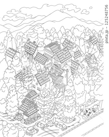 Isometric view on a small cozy village in a trees and mountains on background Isometric view on a small cozy village in a trees and mountains on background 125248756