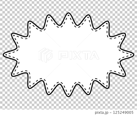 シンプルな白黒の点線付き吹き出し　細長い丸みのあるギザギザした形 125249005