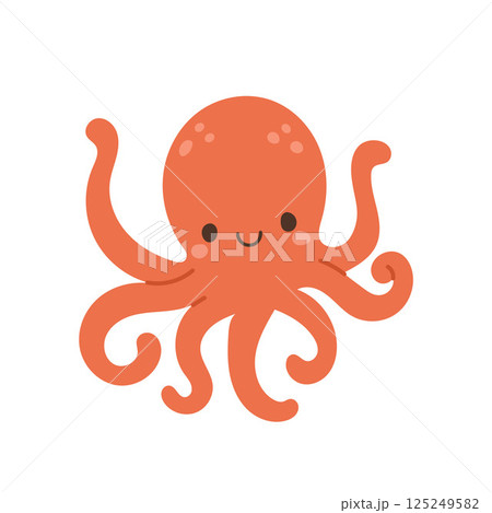 Cute orange octopus cartoon with happy face and wavy tentacles, perfect for ocean-themed kids illustrations, marine wildlife, or sea creature designs Cute orange octopus cartoon with happy face and wavy tentacles, perfect for ocean-themed kids illustrations, marine wildlife, or sea creature designs 125249582