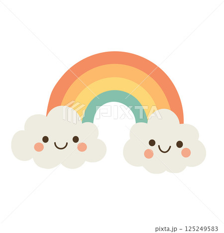 Colorful pastel rainbow with happy clouds, perfect for cheerful kids graphics, sky illustrations, and bright decorative weather elements 125249583