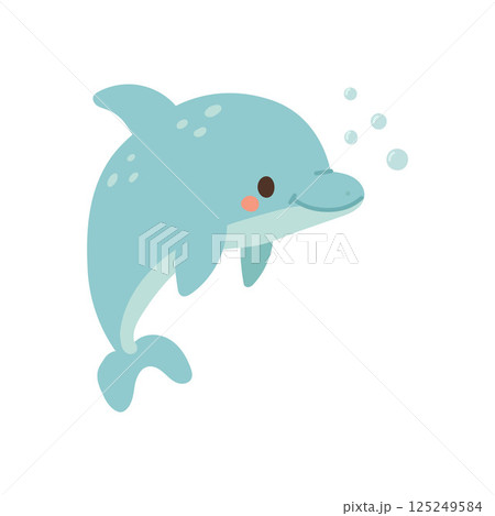 Smiling blue dolphin cartoon with bubbles and curved tail, great for aquatic character sets, sea animal decor, and cheerful ocean graphics 125249584