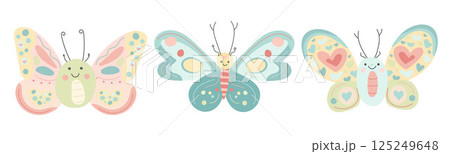 Three pastel butterflies with cheerful faces and heart-decorated wings flutter playfully in a cute cartoon illustration perfect for spring and garden designs Three pastel butterflies with cheerful faces and heart-decorated wings flutter playfully in a cute cartoon illustration perfect for spring and garden designs 125249648