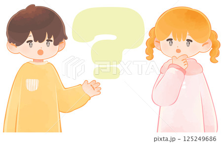 考えている子どもとクエスチョンマーク　男の子と女の子 125249686