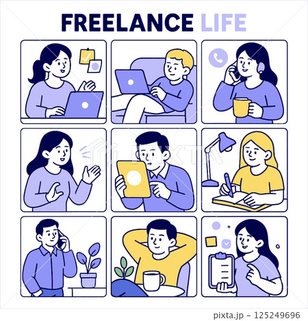 Freelance life showcases various individuals engaged remote work activities, highlighting flexibility and diversity of freelance careers. illustrations depict people using laptops, tablets Freelance life showcases various individuals engaged remote work activities, highlighting flexibility and diversity of freelance careers. illustrations depict people using laptops, tablets 125249696