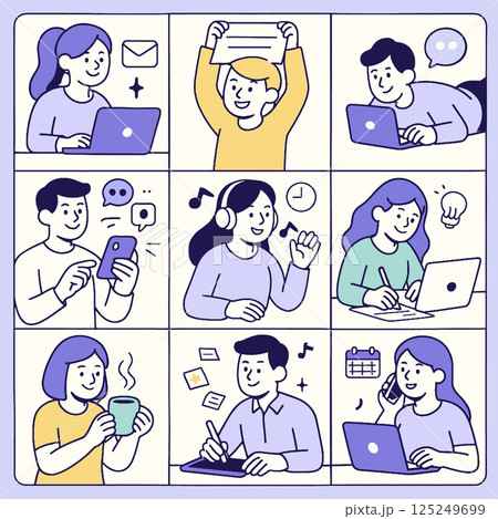 Collage of diverse individuals engaged in various activities, including working on laptops, using smartphones, and brainstorming ideas, showcasing modern communication and productivity Collage of diverse individuals engaged in various activities, including working on laptops, using smartphones, and brainstorming ideas, showcasing modern communication and productivity 125249699