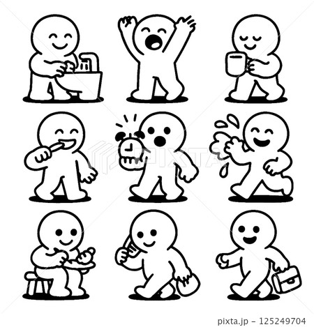 Cute and simple characters engaging in daily activities like washing hands, celebrating, drinking, brushing teeth, and eating, conveying joy and routine Cute and simple characters engaging in daily activities like washing hands, celebrating, drinking, brushing teeth, and eating, conveying joy and routine 125249704