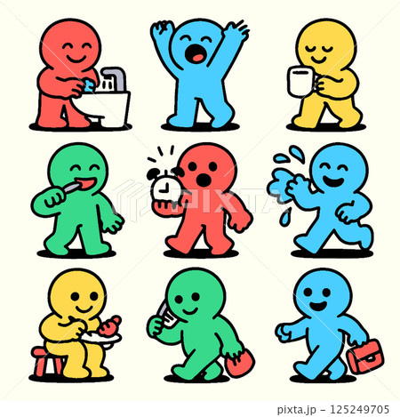 Cute and colorful cartoon characters engage various daily activities, showcasing emotions like joy and surprise. These playful figures represent moments of life, from washing hands to enjoying Cute and colorful cartoon characters engage various daily activities, showcasing emotions like joy and surprise. These playful figures represent moments of life, from washing hands to enjoying 125249705