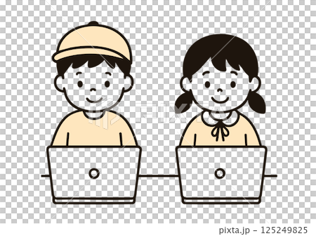 Illustration of children learning using a computer (boys and girls) 125249825