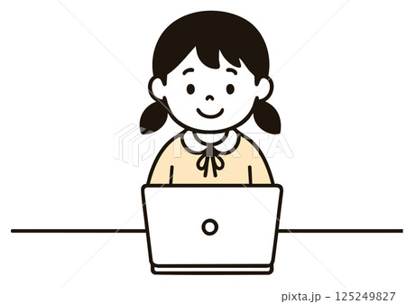 ノートパソコンで学習する女の子のイラスト（子ども・オンライン学習） 125249827