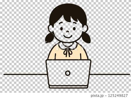 ノートパソコンで学習する女の子のイラスト（子ども・オンライン学習） 125249827