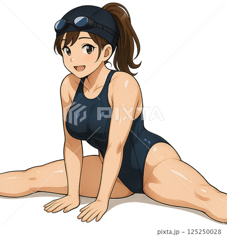競泳水着姿で開脚ストレッチをする女性 競泳水着姿で開脚ストレッチをする女性 125250028