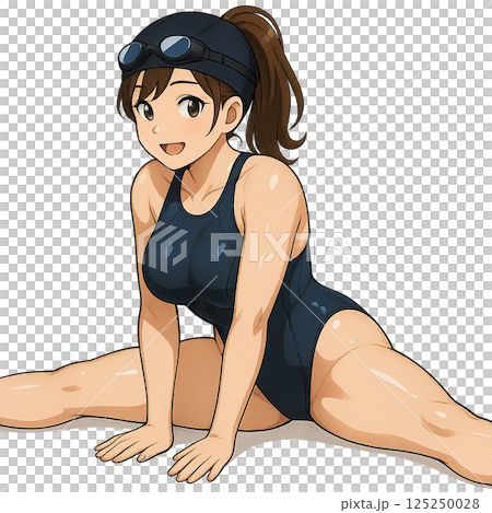 競泳水着姿で開脚ストレッチをする女性 競泳水着姿で開脚ストレッチをする女性 125250028