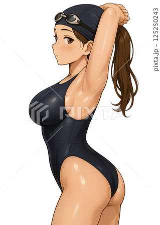 競泳水着姿で髪をまとめている女性 125250243