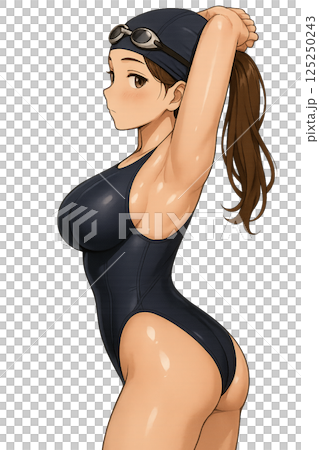 競泳水着姿で髪をまとめている女性 125250243
