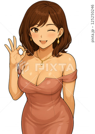 ウインクしながらOKサインを出すドレス姿の女性 125250246