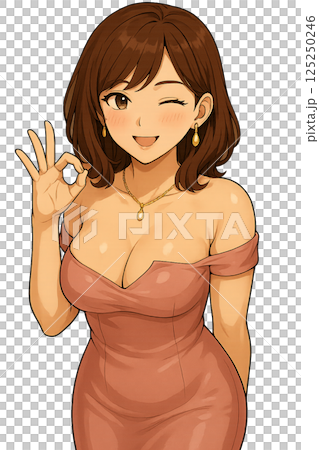 ウインクしながらOKサインを出すドレス姿の女性 125250246