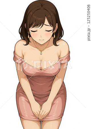 深く丁寧にお辞儀をするピンクドレス姿の女性 125250406