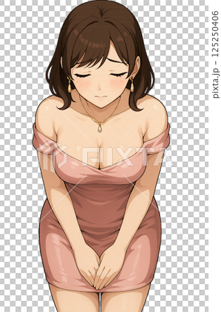 深く丁寧にお辞儀をするピンクドレス姿の女性 125250406