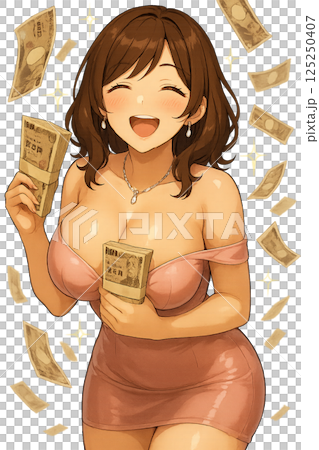 札束を手にして満面の笑顔を見せる女性 125250407