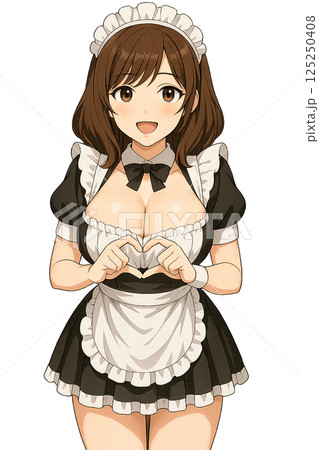 笑顔でハートを作るメイド姿の女性 125250408