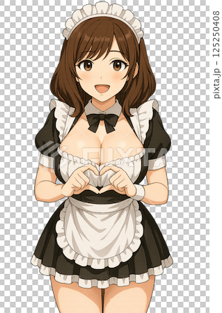 笑顔でハートを作るメイド姿の女性 125250408