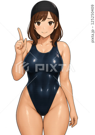 競泳水着姿で人差し指を立てている女性 125250409