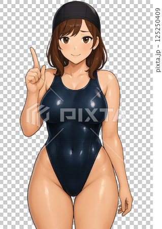競泳水着姿で人差し指を立てている女性 125250409
