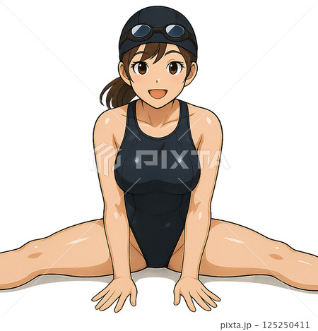 競泳水着姿で開脚ストレッチをする笑顔の女性 125250411