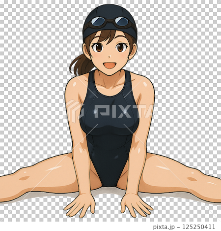 競泳水着姿で開脚ストレッチをする笑顔の女性 125250411
