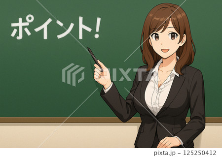 黒板の前で『ポイント！』と書かれた文字を指し示すスーツ姿の女性教師 125250412